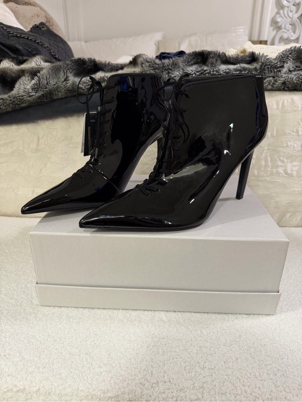 Saint Laurent Inspired - Zara Black Patent Pointed-Toe Lace-Up Ankle Boots - 10